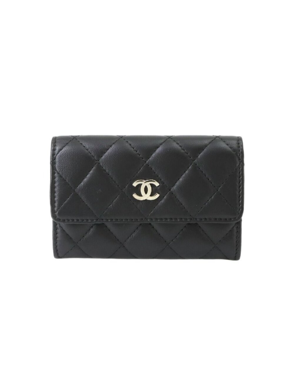 Chanel Quilted Card Case Business Lambskin Black Silver
